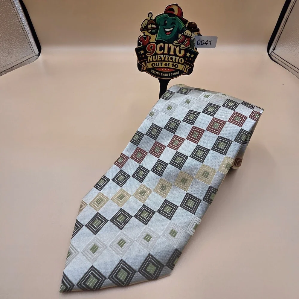 Peacock Silk Tie Geometric Square Pattern Sage Green Silver Handmade Necktie